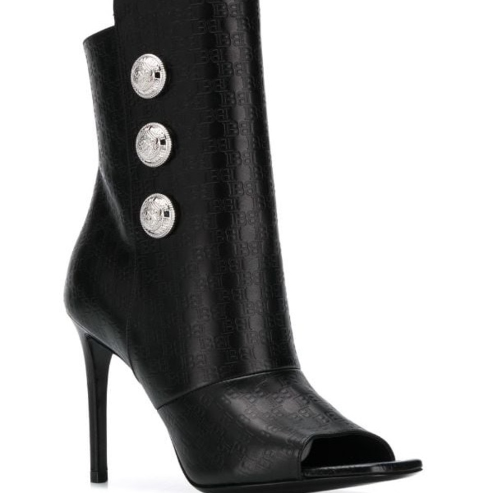 BALMAIN Monogram-embossed Peep-toe Ankle Boots
